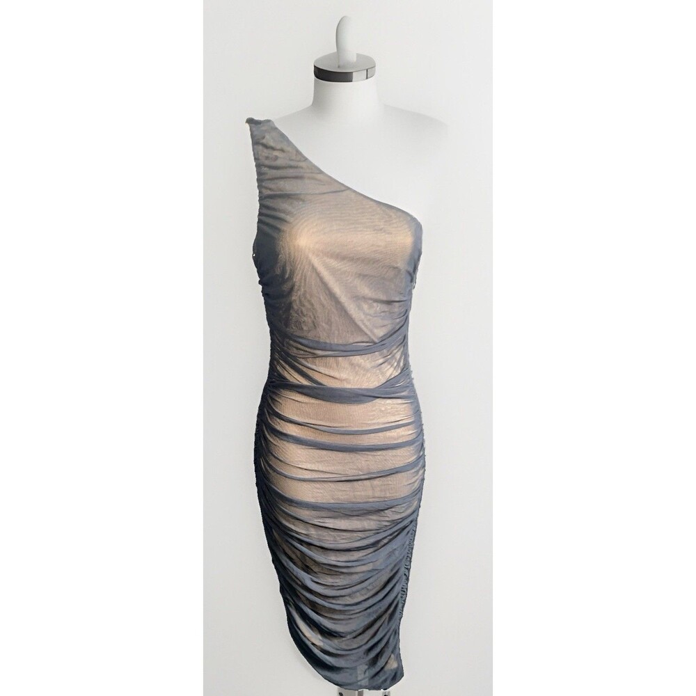 Lulus Total Appeal Black Mesh Ruched One Shoulder Midi Dress S